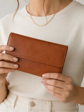 Hato Hasi Genuine Leather Brown Cognac Foldover Wallet Clutch Organizer